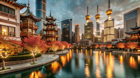 A scenic cityscape with traditional Chinese architecture and modern skyscrapers reflected in a calm lake at sunset.の素材
