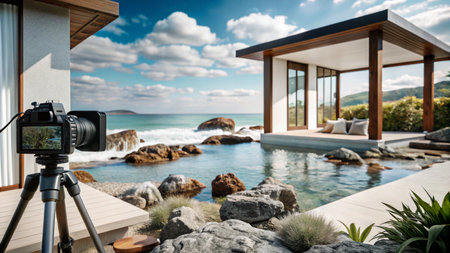 Camera capturing a luxurious modern villa with a pool overlooking the ocean.の素材