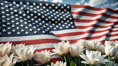 A close-up view of an American flag waving in the wind with white flowers in the foreground.の素材