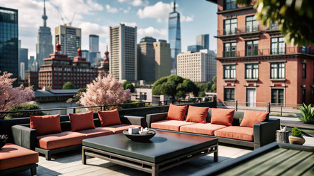 A rooftop patio with a city skyline in the background.の素材