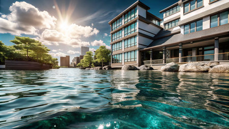 Modern building reflected in a calm pond with clear blue water.の素材
