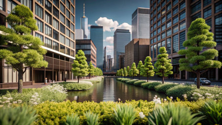 A tranquil canal with lush greenery and towering skyscrapers in the background.の素材