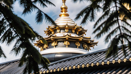 Close-up of a traditional Asian temple roof with gold accents.の素材