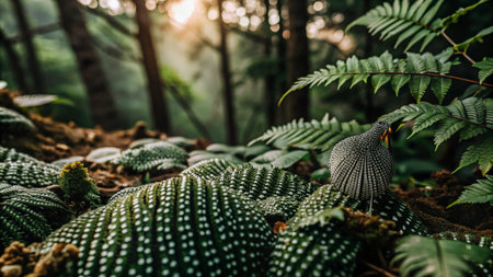 A grey bird with a bright orange beak stands in a tropical forest, surrounded by lush green foliage and sunlight.の素材