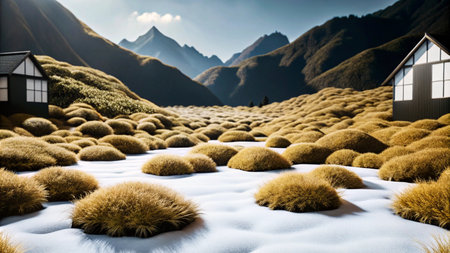 Two small houses in a snow-covered valley with round mounds of grass and mountains in the background.の素材