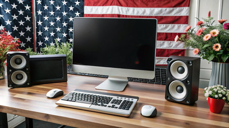 A modern computer desk with a black screen, speakers, keyboard, mouse, and flowers in front of an American flag.の素材