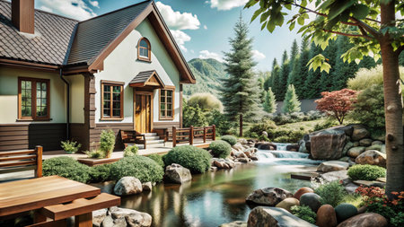A charming cottage with a serene Japanese garden featuring a flowing stream, lush greenery, and a wooden table and chairs.の素材