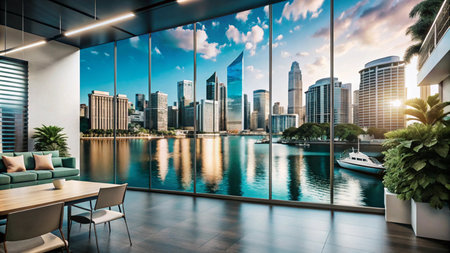 A modern living room with a stunning city view.の素材