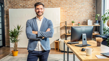 Confident businessman standing in his office, smiling at the camera.の素材