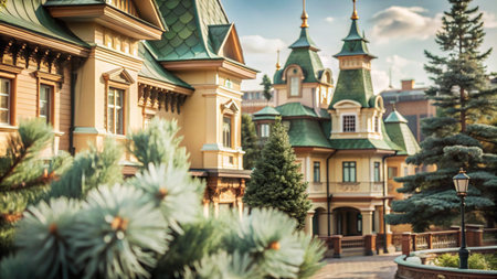 A picturesque view of a charming green-roofed building with a lush pine tree in the foreground, showcasing the architectural beauty of the surrounding area.の素材