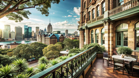 A balcony with a stunning view of the city skyline on a sunny day.の素材