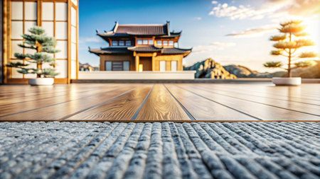 A wooden deck with a Japanese style building in the background, with a blue sky and clouds.の素材