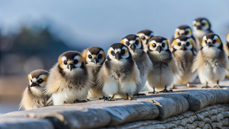 A group of adorable fluffy birds with big eyes, perched on a wooden railing.の素材