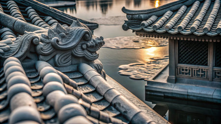 A close-up view of a dragon statue on a traditional Chinese temple roof, with a reflective pond in the background.の素材