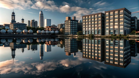 A city skyline reflected in a calm body of water with a blue sky and clouds.の素材
