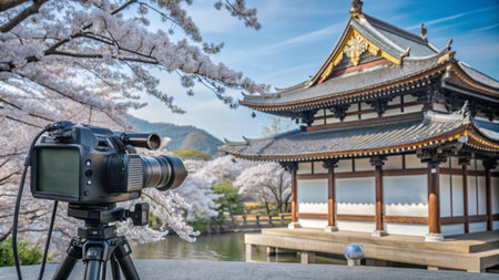 A video camera captures the beauty of a traditional Japanese temple with cherry blossoms in full bloom.の素材