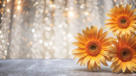 Three yellow gerbera daisies on a wooden table with a bokeh background.の素材