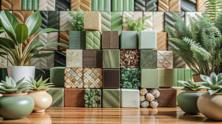 Stacked wooden blocks in various colors and textures with potted plants in front.の素材