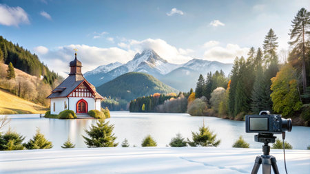 A camera captures a picturesque scene of a small chapel on a lake surrounded by mountains.の素材