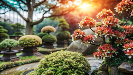 A serene Japanese garden with bonsai trees and blooming flowers under a warm sunset.の素材