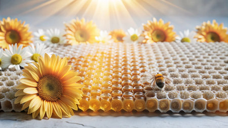 Honeycomb with flowers and bee, sunlight.の素材