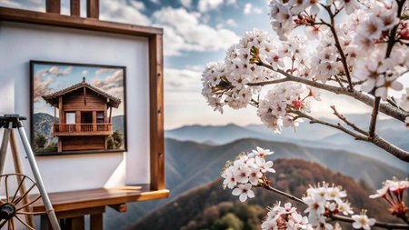 A framed photograph of a wooden house in a mountain landscape, with cherry blossoms in the foreground.の素材