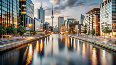 A calm canal reflects the city skyline at dusk.の素材
