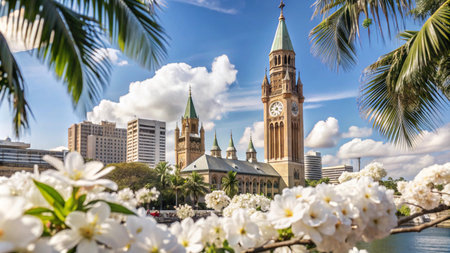A historic clock tower with a green roof stands tall in the middle of a city, framed by palm trees and white blossoms.の素材