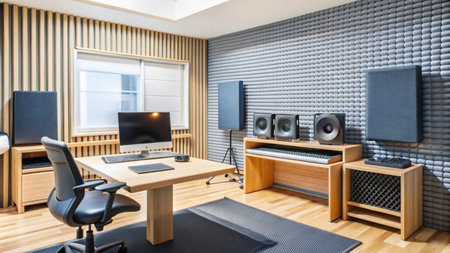 Modern home studio with soundproof walls and a desk, keyboard, speakers, and a computer.の素材