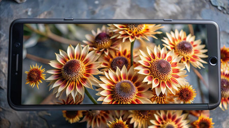 Smartphone displaying a close-up image of vibrant yellow and red flowers.の素材