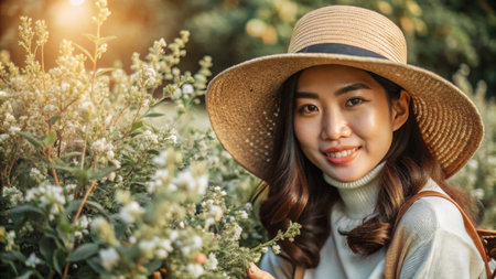 Happy woman in straw hat smiles while surrounded by white flowers.の素材