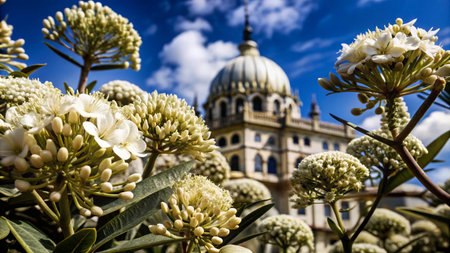 A white, domed building with a garden of blooming white flowers.の素材