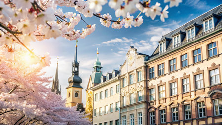 Springtime in a European city with blooming cherry blossoms and historic buildings.の素材