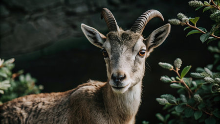 A brown goat with curved horns,  looking directly at the camera, standing in a forest with green leaves.の素材