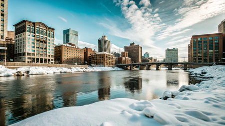 A cityscape with a river flowing through it, snow covered ground, and a bridge in the foreground.の素材