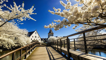 A wooden bridge leads through a picturesque village, with blooming cherry trees framing the scene and a blue sky overhead.の素材