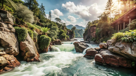 A rushing river flows through a rocky canyon, with lush greenery on the banks and a bright sun shining overhead.の素材
