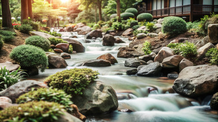 Tranquil flowing stream with rocks and greenery.の素材
