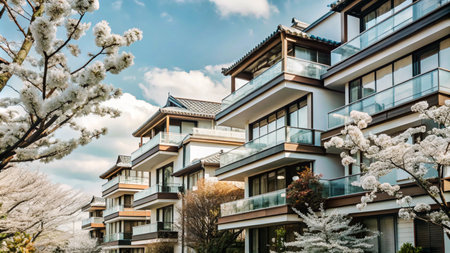 White modern buildings with balconies under blue sky and blooming cherry trees.の素材