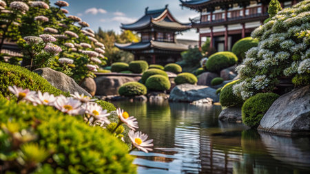 Serene Japanese garden with blooming flowers, a pond, and traditional architecture in the background.の素材
