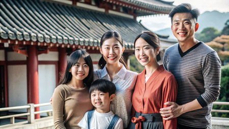 A happy Asian family of five smiles for a photo in front of a traditional temple.の素材