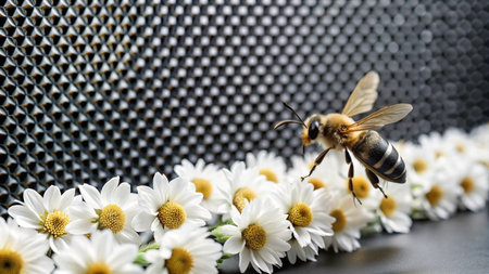 A bee in flight, hovering over a row of white daisies against a black honeycomb background.の素材