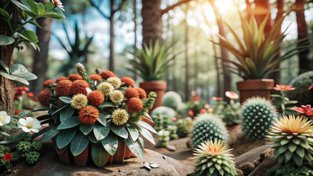A close-up view of a variety of potted plants and succulents in a lush garden setting, with a soft sunlight filtering through the trees.の素材