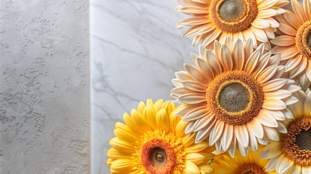 Close-up of yellow and orange sunflowers on a white marble background.の素材