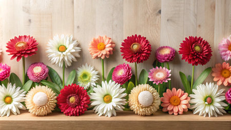 A row of colorful flowers against a woodgrain background.の素材
