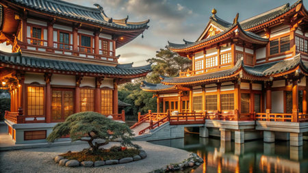 Two traditional Chinese wooden buildings with curved roofs and a pond in the foreground, surrounded by lush greenery and illuminated by the warm glow of the setting sun.の素材