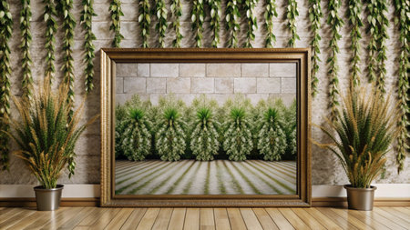 Framed picture of a garden scene with white stone wall and striped floor, hanging vines and plants on each side.の素材