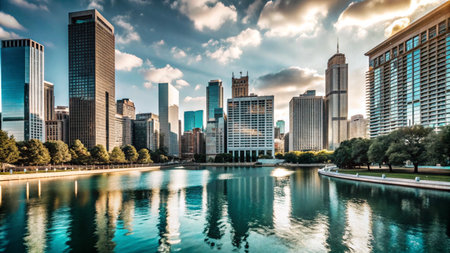 A picturesque view of a modern city skyline reflected in a calm lake.の素材