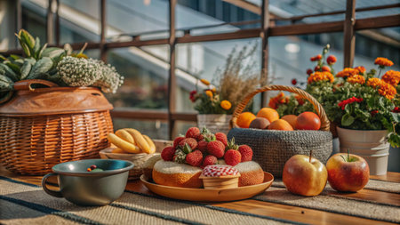 A table setting with fruit, pastries, and flowers.の素材