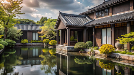 Traditional Japanese house with a pond in the front yard.の素材